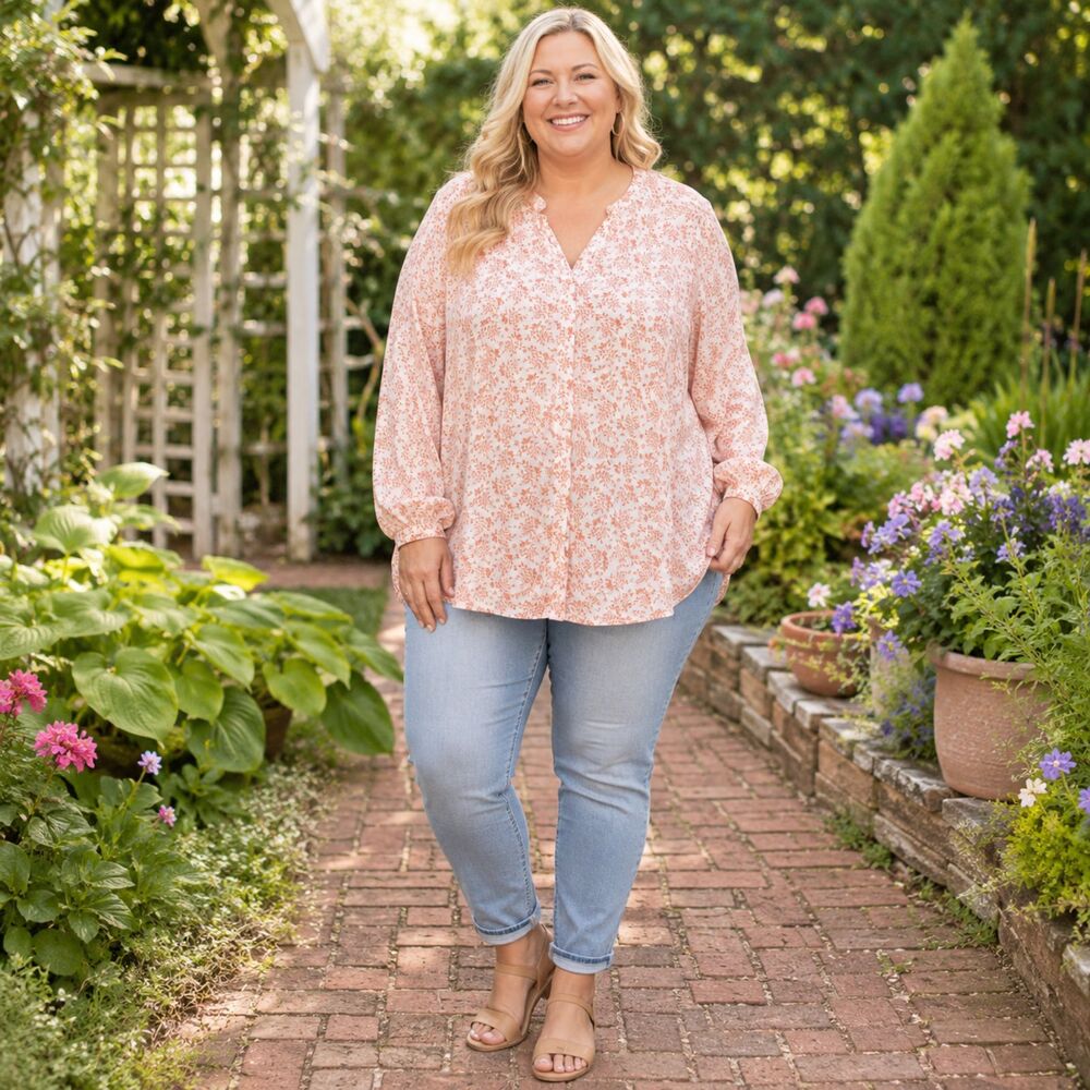 Jach’s Girlfriend Ivory Coral Botanical Print Boho Blouse Women’s XXL